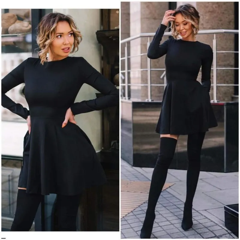 Дамска къса разкроена рокля с дълъг ръкав