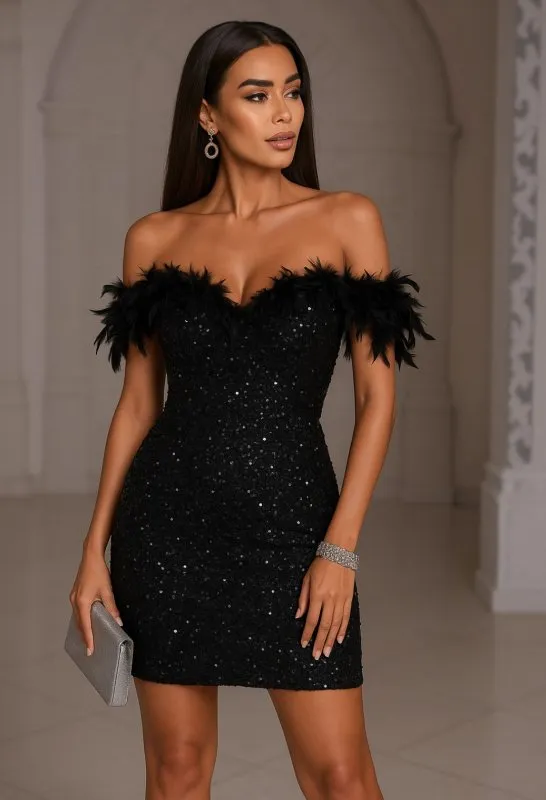 Къса парти рокля в черно от пайети с пера 