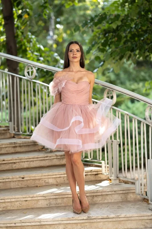 Къса розова тюлена рокля с пера и корсетен гръб