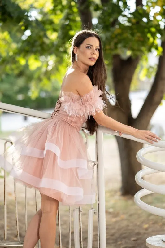 Къса розова тюлена рокля с пера и корсетен гръб