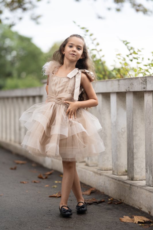 Детска рокля от бежов тюл с перца