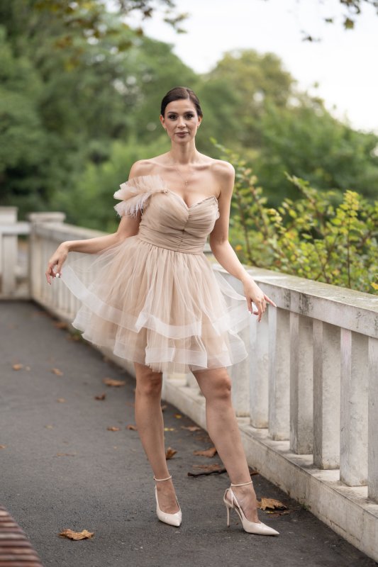 Дамска рокля от бежов тюл с перца