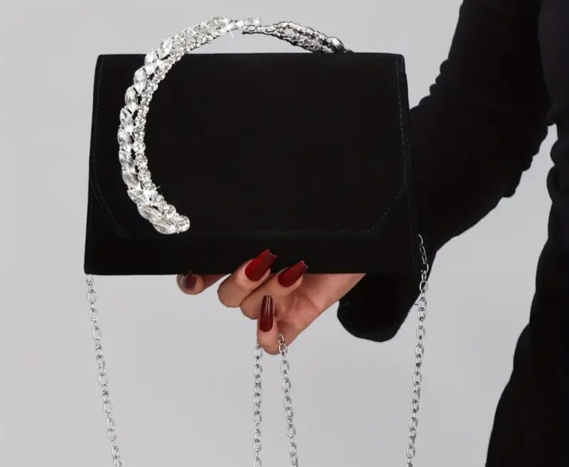 Вечерна черна чанта с камъни