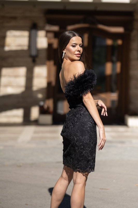 Черна дантелена рокля с акцент от тюл и пера